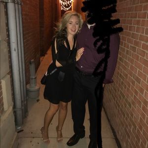 Sheer sleeve little black dress, lace trim black dress